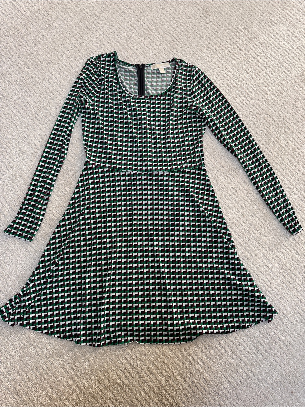 Michael Kors Black and Green Geo-Print Long Sleeve Fit-and-Flare Dress
